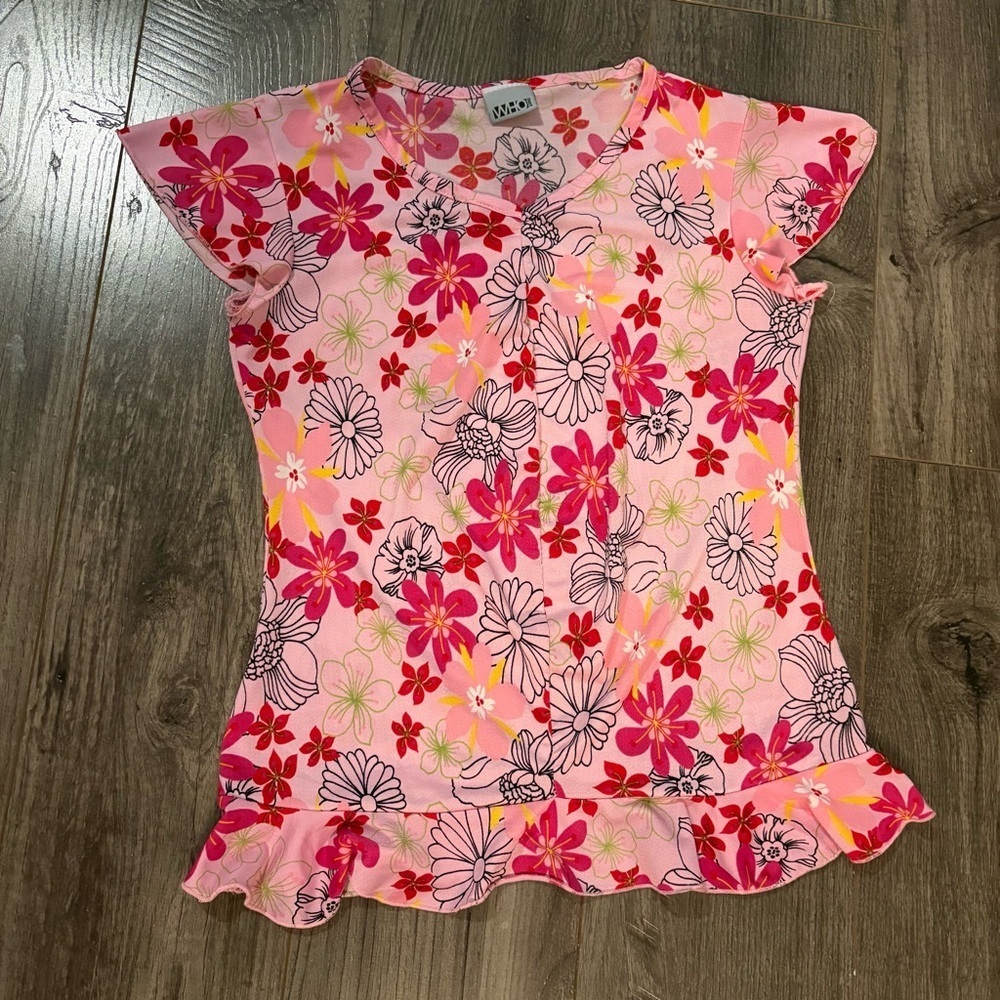Vintage Who Jeans floral top cap sleeve ruffle hem Y2K